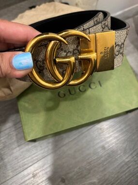 Gucci Beige Monogram GG Canvas Belt with Gold Double G Buckle